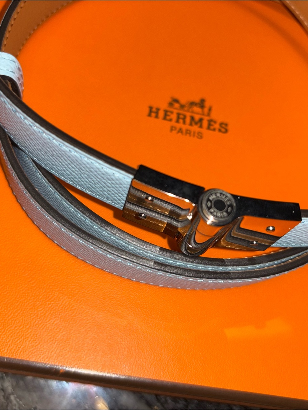 Hermes Light Blue Leather Double-Sided Belt with Silver Lock - Picture 3 of 5